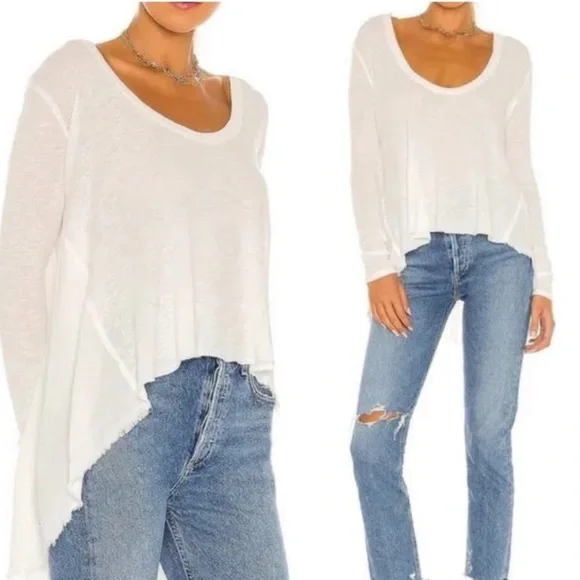 FREE PEOPLE High Low Raw Hem Ribbed Long Sleeve Top Shirt - Picture 1 of 4